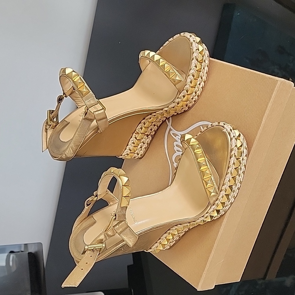 Christian Louboutin Gold Metallic Leather Cataclou Studded Wedges size 40